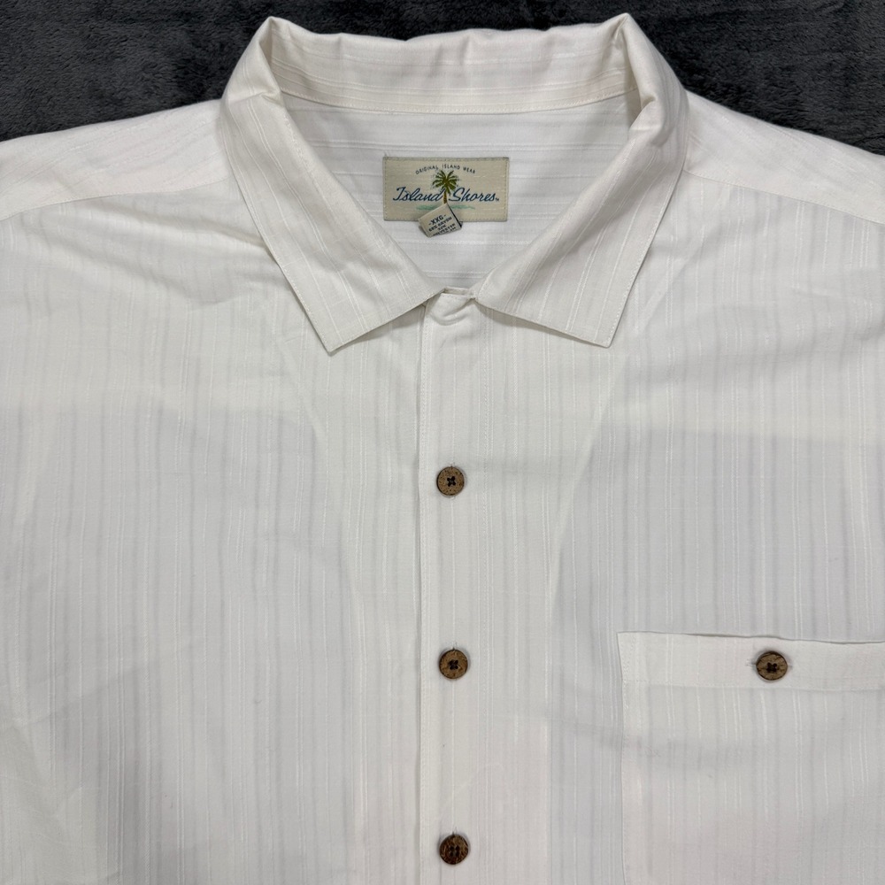 Island Shores Button Up Shirt Mens XXL‎ White Textured Stripe Short Sleeve - Picture 2 of 10
